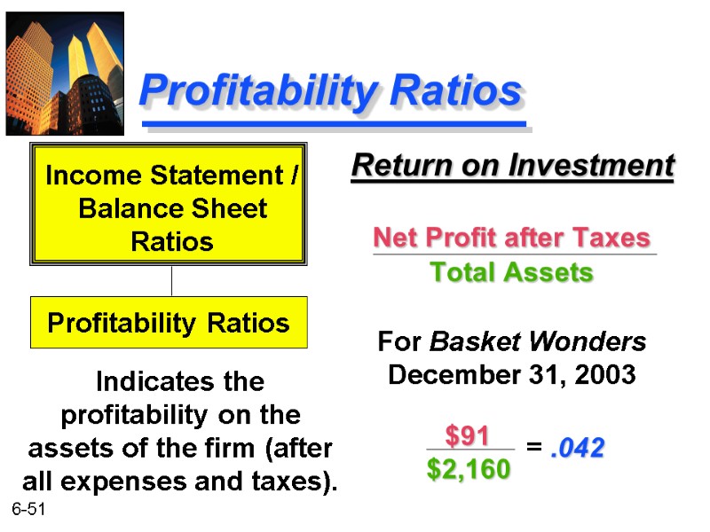 Profitability Ratios Return on Investment  Net Profit after Taxes Total Assets  For